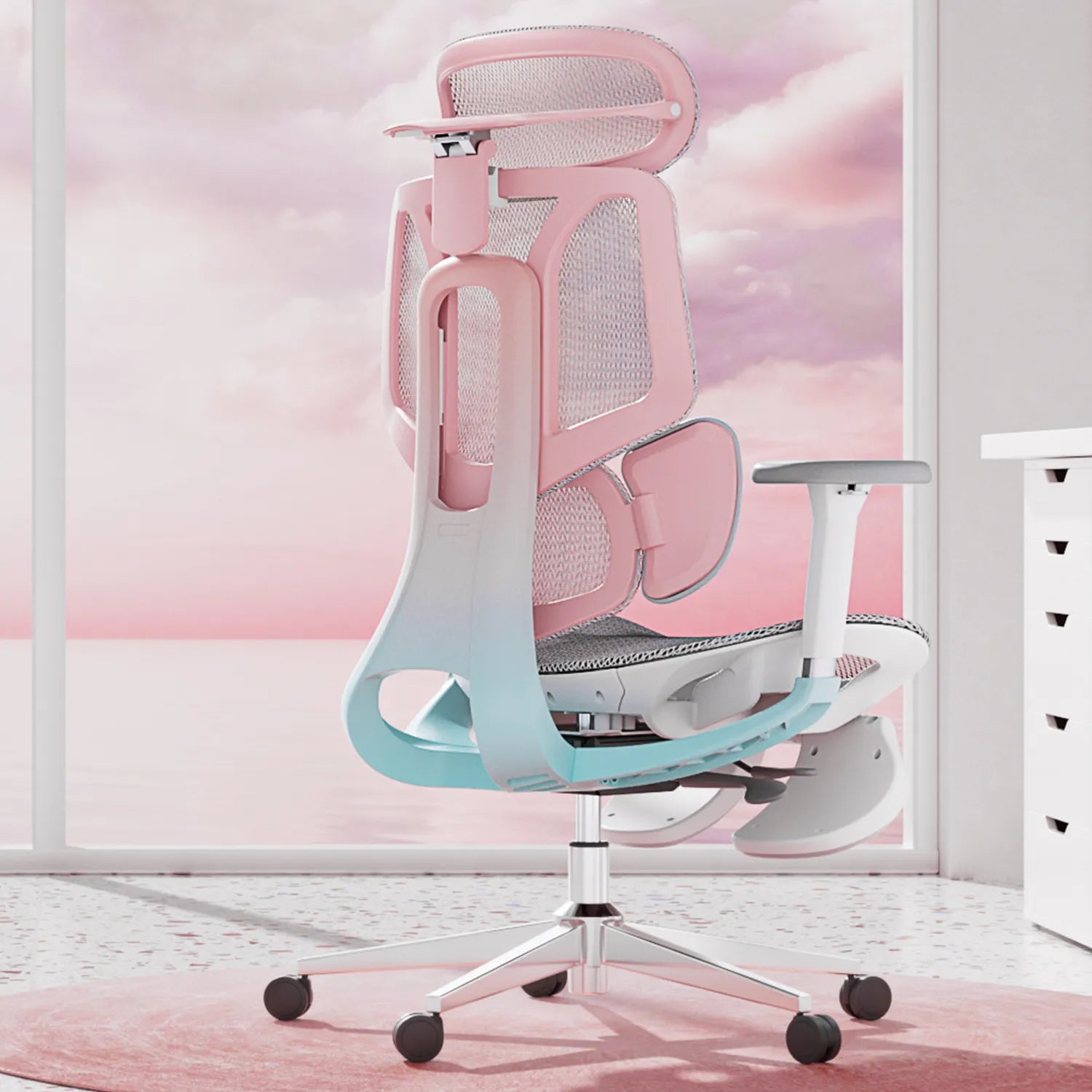 Hbada_E3_Pro_Ergonomic_Chair with footrest pink in room