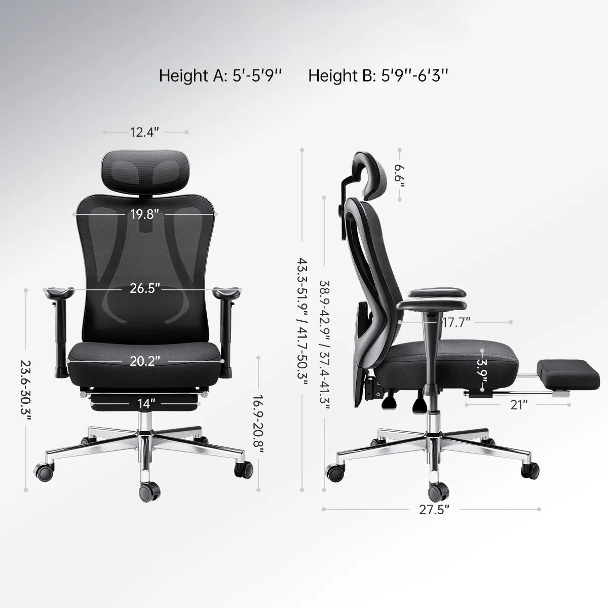Hbada_P3_office_Chair with footrest  black dimensions
