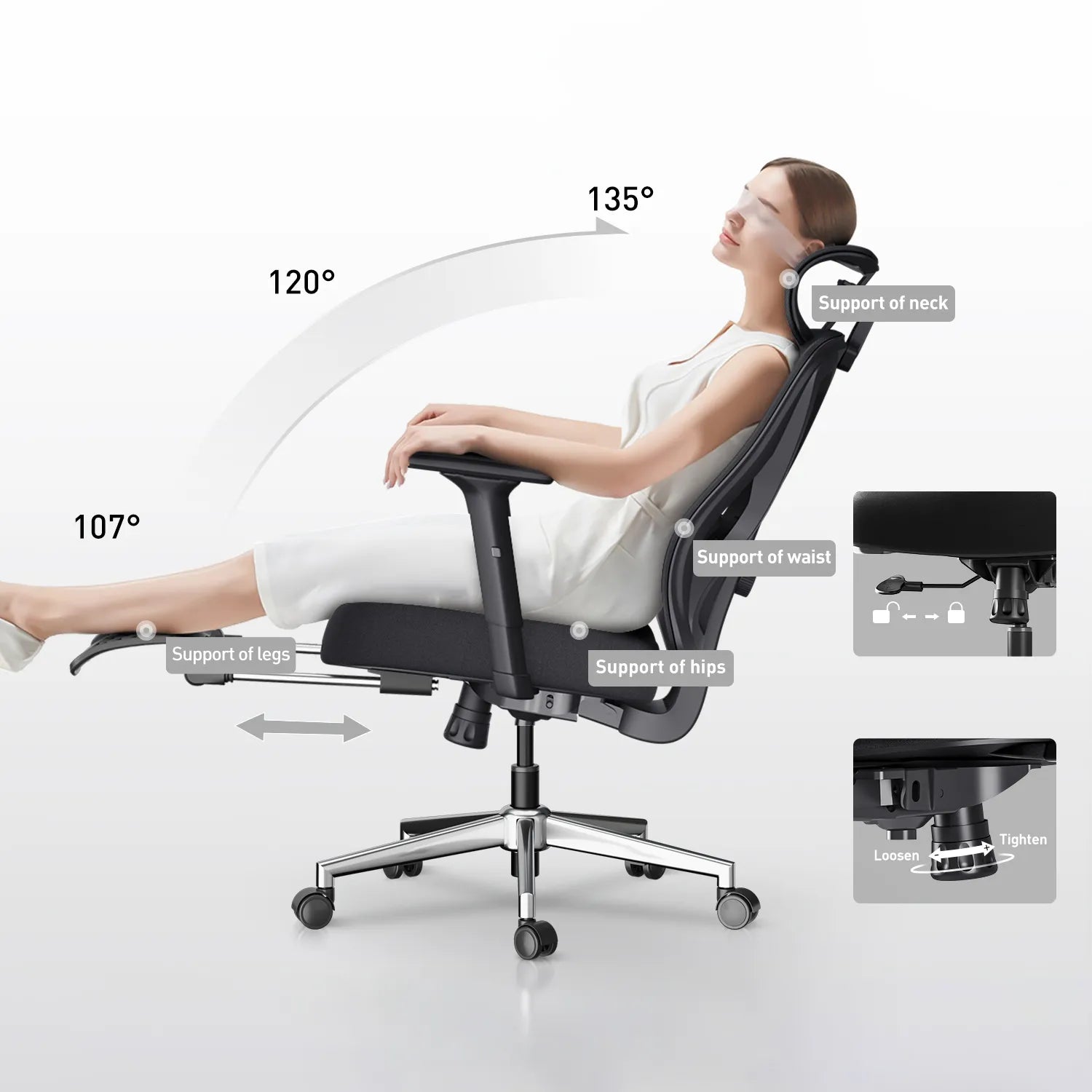 HBADA P5 Ergonomic Office Chair with Footrest black reclining function